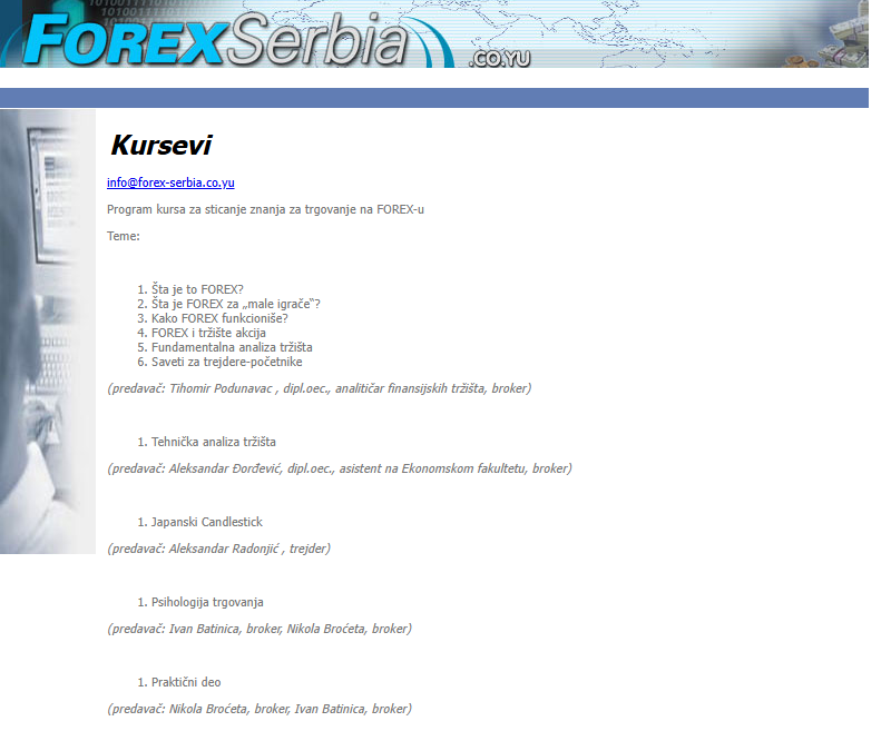 forex-serbia.co.yu course programme with lecturers screenshot, 6 February 2005